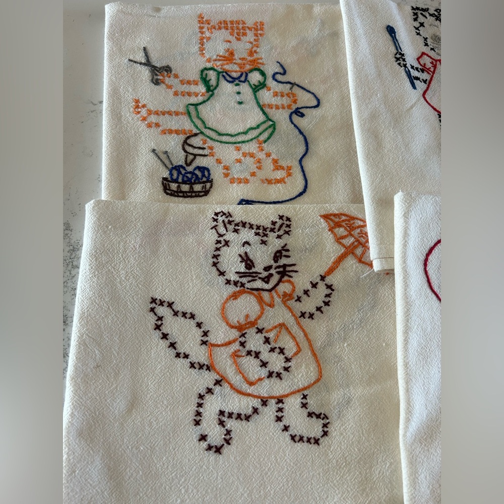 Embroidered Cat Tea Towels